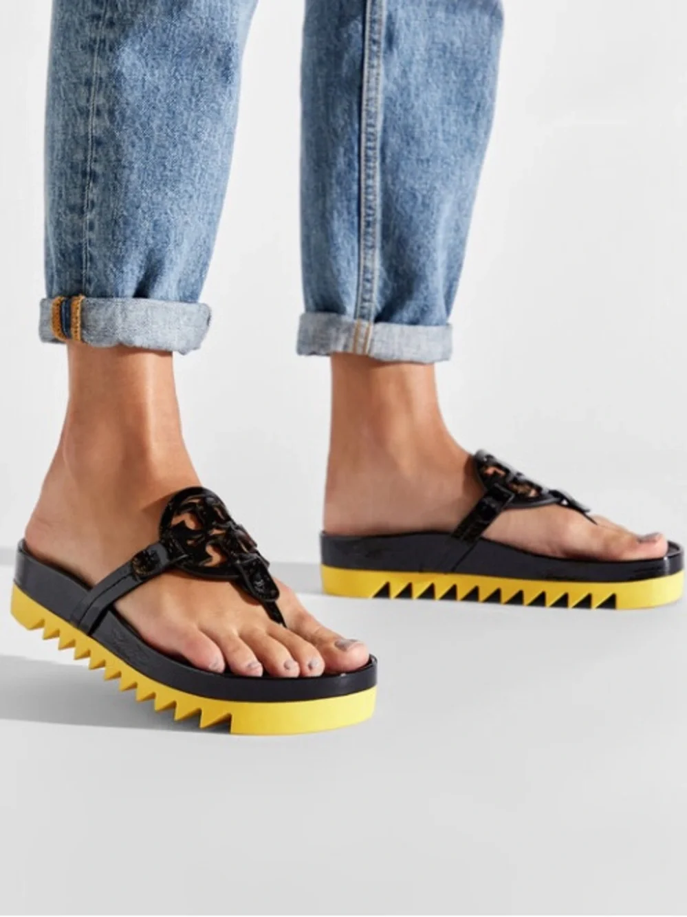 Tory Burch Miller Cloud Lug Sandal NWT Black Patent Leather Logo Cutout Slide